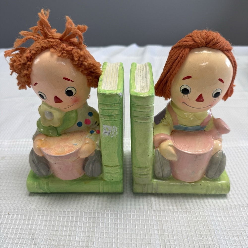 Vtg Raggedy Ann Andy Bookends Banks Chalkware Ceramic Harvard Square Japan MCM